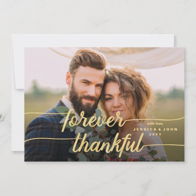 Forever Thankful Gold Kalligraphie 2 Foto Hochzeit Dankeskarte (Vorderseite)