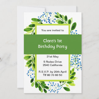 Forget-me-not blue flower 1st Birthday Green Party Einladung