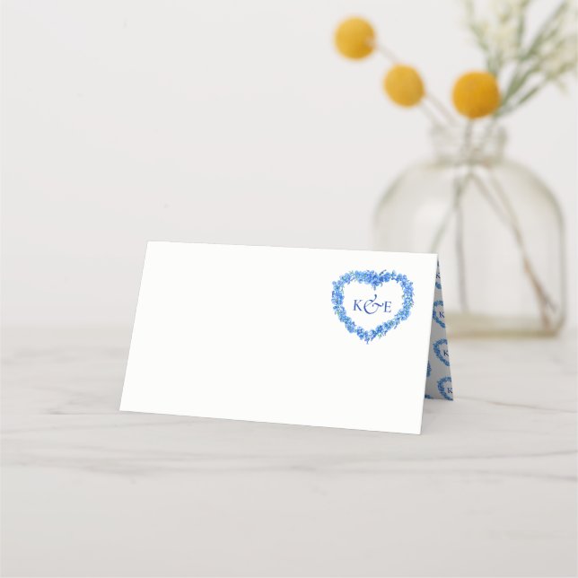 Forget me not heart art monogram wedding blue platzkarte (Vorderseite)