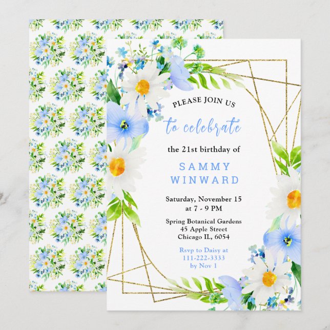 Forget Me Nots and Daisies Birthday Einladung (Vorne/Hinten)