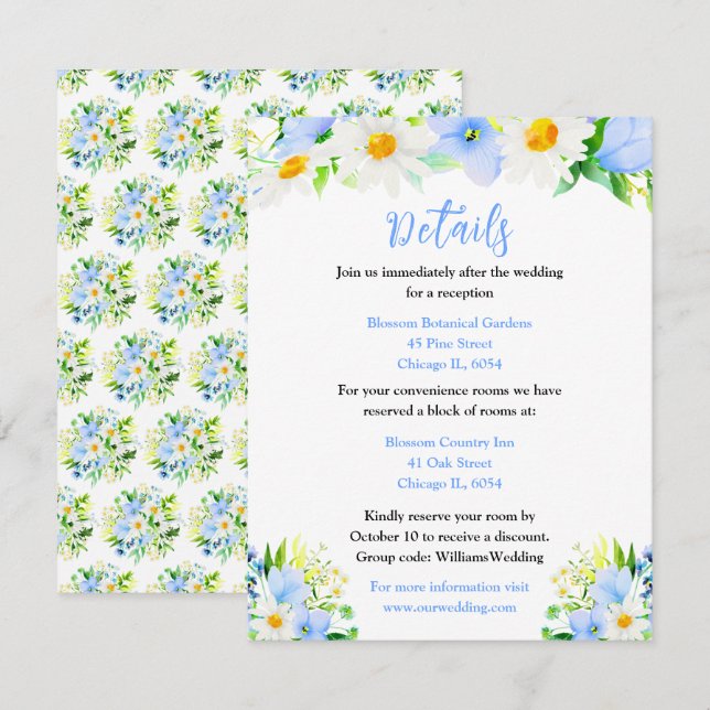 Forget-Me-Nots and Daisies Floral Wedding Details Begleitkarte (Vorne/Hinten)