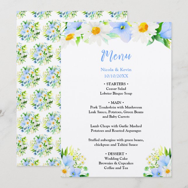 Forget-Me-Nots and Daisies Floral Wedding Menükarte (Vorne/Hinten)