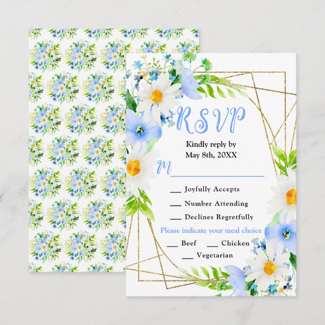 Forget Me Nots and Daisies Wedding RSVP Karte (Vorne/Hinten)