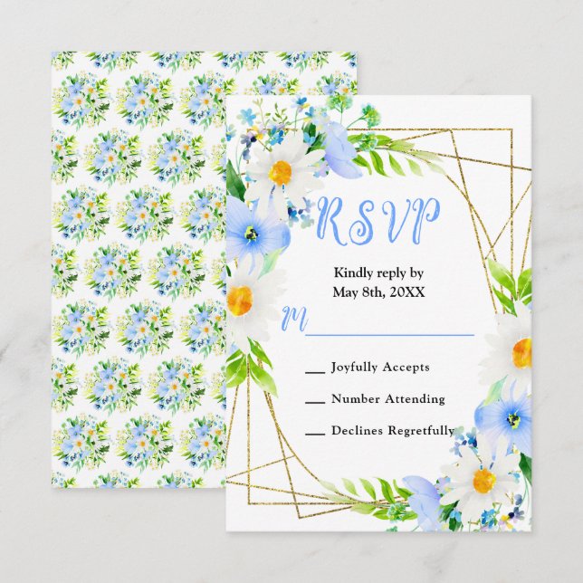 Forget Me Nots and Daisies Wedding RSVP Karte (Vorne/Hinten)