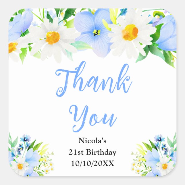 Forget-Me-Nots Daisies Birthday Thank You Quadratischer Aufkleber (Vorderseite)