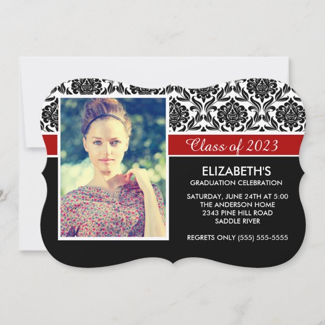 Formal 2014 Schwarz-weiß Damask Foto Abschluss Einladung (Vorderseite)