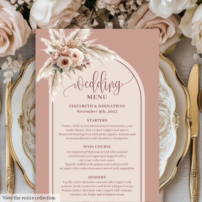 Formal Arch Pastel Pink Pampas Floral Wedding Menu Menükarte (Formal Arch Pastel Pink Pampas Floral Wedding Menu)