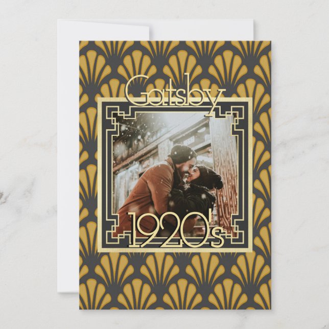 Formal Art Deco Muster Schwarz Gold Foto Chic Einladung (Vorderseite)