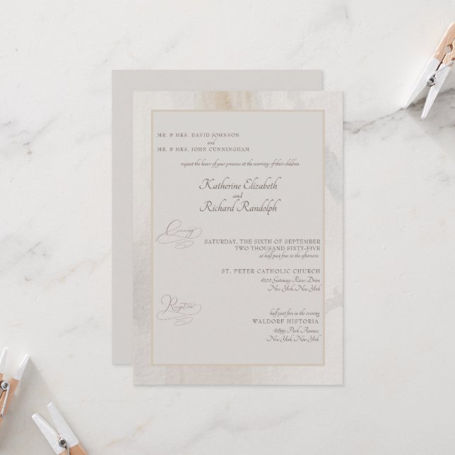 Formal Beige künstlerische beiden Eltern Hochzeit Einladung (Vorderseite/Rückseite Beispiel)
