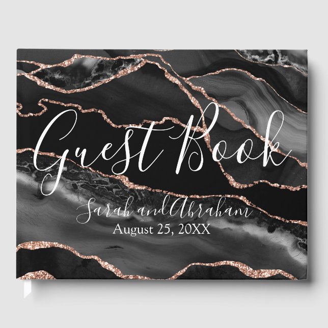 Formal Black Agate Rose Gold Glitzer Hochzeit Gästebuch (Vorderseite)