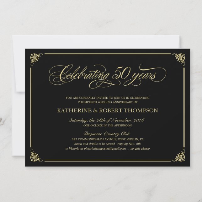 Formal Black and Gold 50 Jahre Einladungen (Vorderseite)