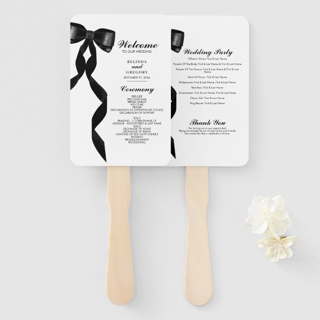 Formal Black Bow Ribbon Elegant Wedding Program Fächer (Vorne und Hinten)