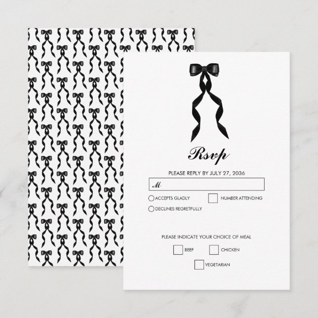 Formal Black Bow Ribbon Elegante Hochzeit RSVP Karte (Vorne/Hinten)