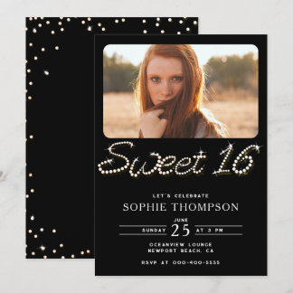 Formal Black Classy Rhinestones Sweet 16 Foto Einladung