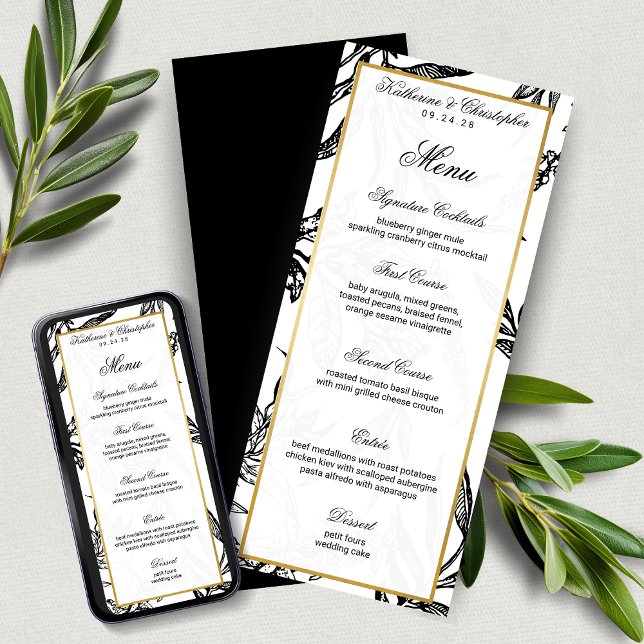 Formal Black Gold Botanical Wedding Menu Einladung (Elegant Formal Black Gold Botanical Wedding Menu with Digital Download Option)