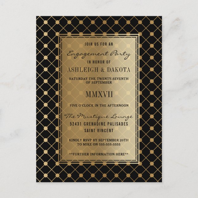 Formal Black & Gold Geometric Engagement Party Einladungspostkarte (Vorderseite)