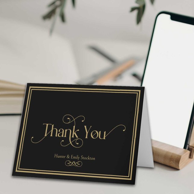 Formal Black Gold Verziert Hochzeit Dankeskarte (An elegant black and gold thank you card with ornate typography.  Blank inside.)