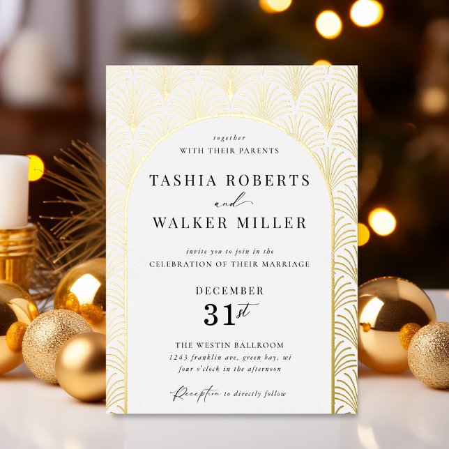 Formal Black Krawatte Gold Art Deco Hochzeit Gold Folieneinladung (Formal Real Foil Gold Art Deco New Years Eve, Christmas Wedding Invitation )