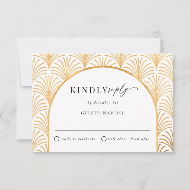 Formal Black Krawatte Gold Art Deco Hochzeit RSVP Karte (Vorderseite)