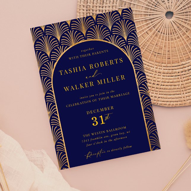 Formal Black Krawatte Gold Art Deco Navy Blue Wedd Einladung (Navy and Gold Formal Black Tie Wedding Invitation)