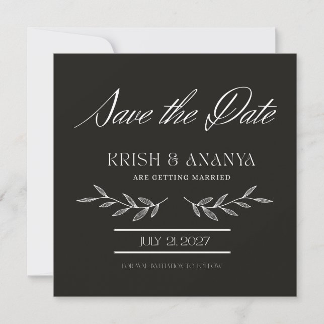 Formal Black Save the Date with White Font Einladung (Vorderseite)