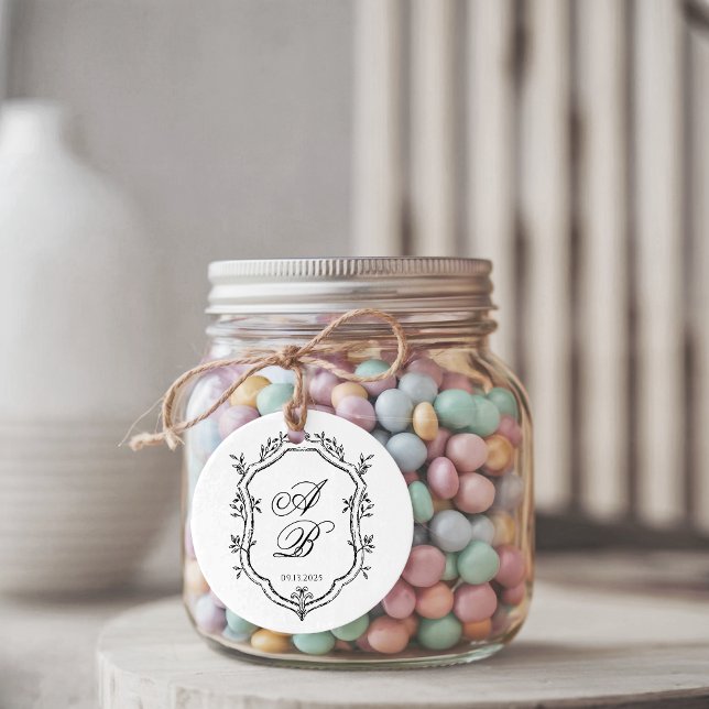 Formal Black & White Floral Monogram Crest Wedding Geschenkanhänger (Von Creator hochgeladen)