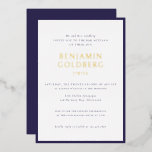 Formal Blue Frame Bar Bat Mitzvah Gold Folieneinladung<br><div class="desc">Elegantes formales Blauer Rahmen Bar Bat Mitzvah Gold Foil Vorlage</div>