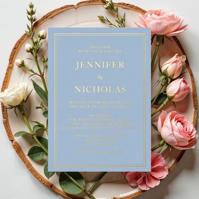 Formal Blue Wedding Gold Folieneinladung (Elegant Formal Powder Blue Wedding Gold Foil Invitation)