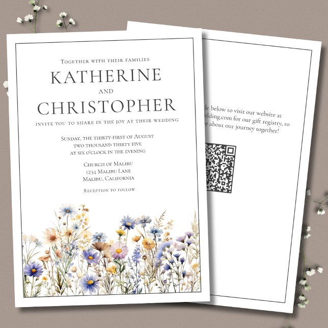 Formal Blue Wildblumen Moderne Elegante Hochzeit Einladung (Blue Wildflowers Modern Elegant Formal Wedding Invitation for a simple yet elegant wedding suite.)