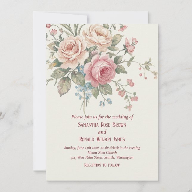 Formal Blush Pink Floral Elegant Rose Wedding Einladung (Vorderseite)