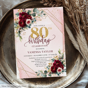 Formal Boho Dark Red Gold Rose 80. Geburtstag Einladung