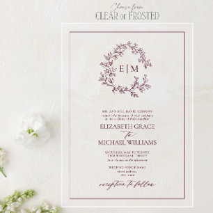Formal Burgundy Leafy Wappen Monogram Wedding Acryleinladungen