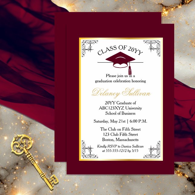 Formal Burgundy Uni-Abschluß Party Einladung (Elegant Formal Gold Tone and Burgundy College | University Graduation Party Invitation )