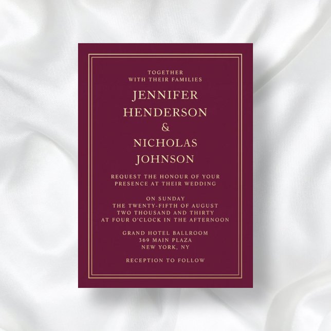 Formal Burgundy Wedding Gold Folieneinladung (Front / Elegant Formal Burgundy Wedding Gold Foil Invitation)
