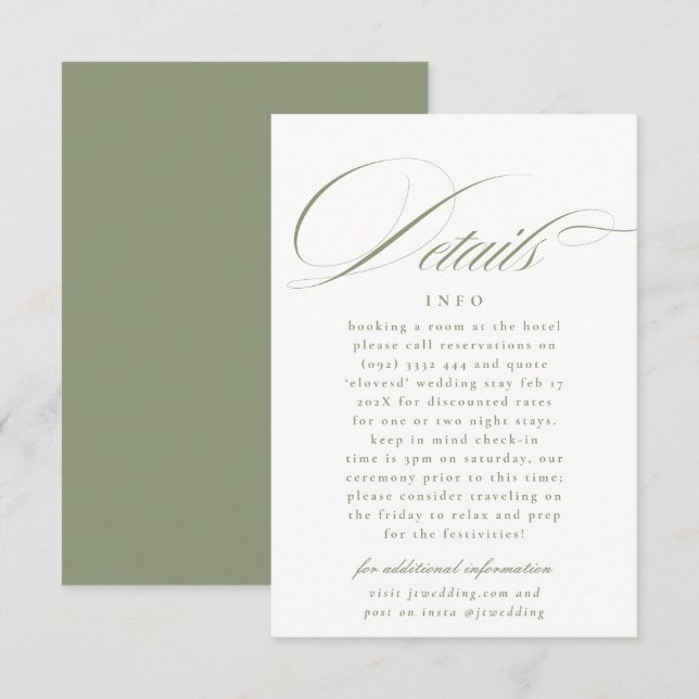 Formal Calligrafy Sage Green Wedding Details Begleitkarte (Vorne/Hinten)