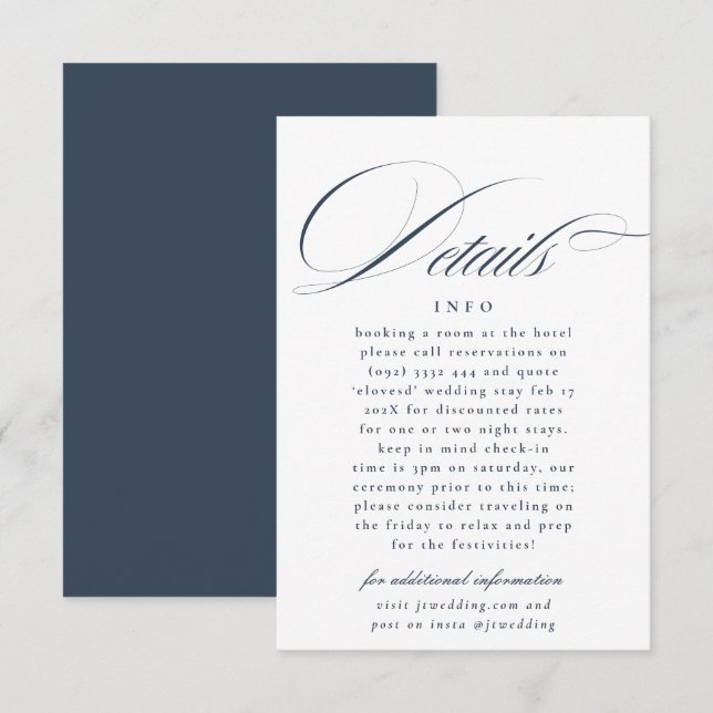 Formal Calligraphy Navy Blue White Wedding Details Begleitkarte (Vorne/Hinten)