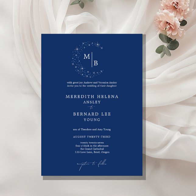 Formal Celestial Elegant Blue Monogram Wedding Einladung (Von Creator hochgeladen)