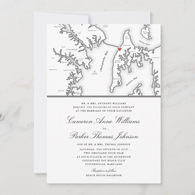 Formal Chesapeake Bay Beach Club MD-Karte Hochzeit Einladung (Vorderseite)