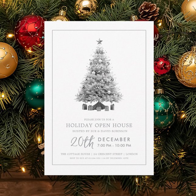 Formal Christmas Holiday Open House Silver Tree  Einladung (Formal Christmas Holiday Open House Silver Tree Invitation)