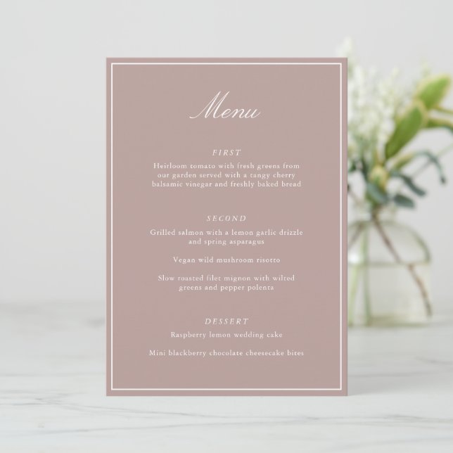 Formal Classic Border Mauve Script Elegant Wedding Menükarte (Stehend Vorderseite)