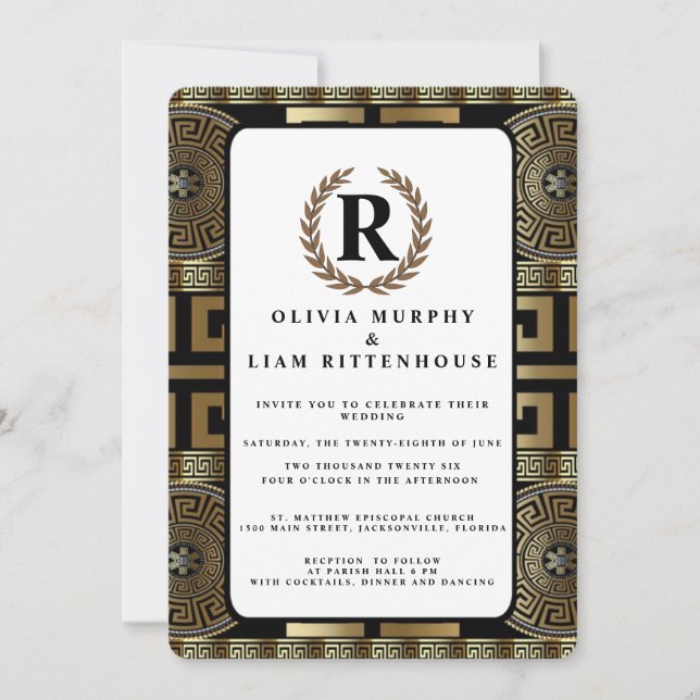 Formal Classic Grecian Key of Life Laurel Wreath Einladung (Vorderseite)