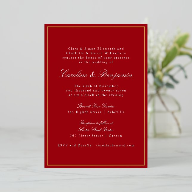 Formal Classic Red Gold Border Elegant Wedding  Folieneinladung (Stehend vorne)
