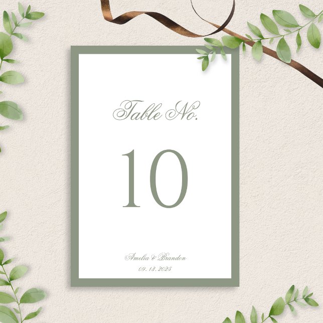 Formal Classic Sage Green Border Script Hochzeit Tischnummer (Von Creator hochgeladen)