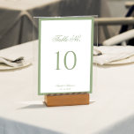 Formal Classic Sage Green Border Script Wedding Tischnummer<br><div class="desc">Guide your guests with timeless elegance using this classic sage green wedding table number. Featuring a clean white background, soft sage green border, graceful script heading, and a bold, easy-to-read number, this design blends traditional charm with a minimalist aesthetic. Perfect for classic, formal, garden, or modern weddings, this table number...</div>