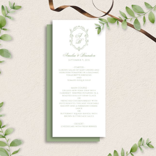 Formal Classic Sage Green Monogram Crest Wedding Menükarte (Von Creator hochgeladen)