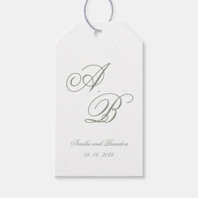 Formal Classic Sage Green Monogram Script Wedding Geschenkanhänger (Vorderseite)