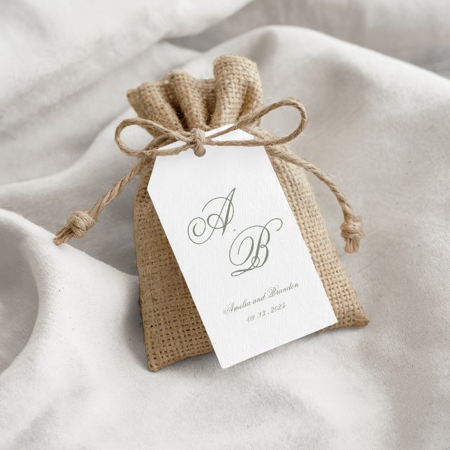 Formal Classic Sage Green Monogram Script Wedding Geschenkanhänger (Von Creator hochgeladen)