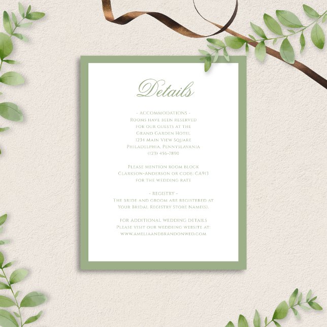 Formal Classic Sage Green Script Wedding Details Begleitkarte (Von Creator hochgeladen)