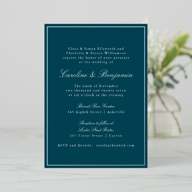 Formal Classic Teal Silver Border Elegant Wedding  Folieneinladung (Stehend vorne)