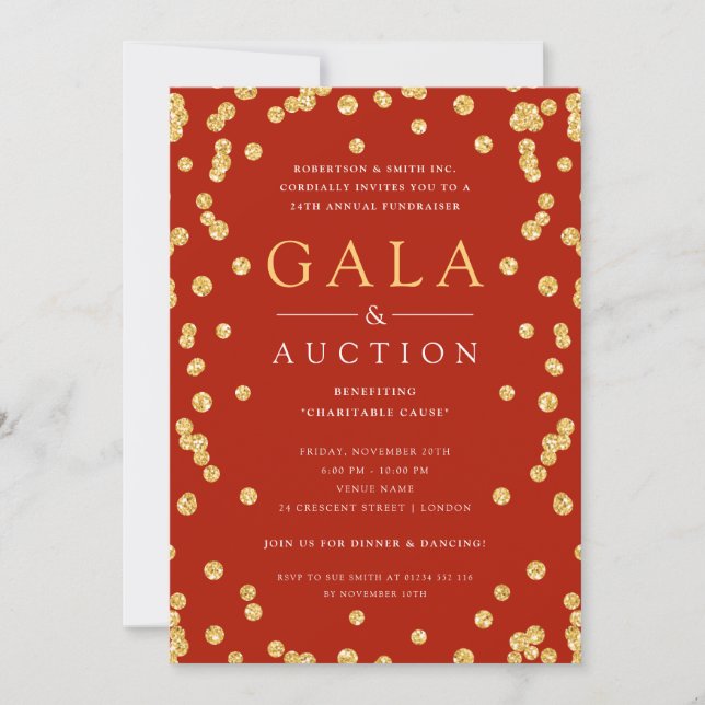 Formal Corporate Gala & Auktion Gold Glitzer Red Einladung (Vorderseite)